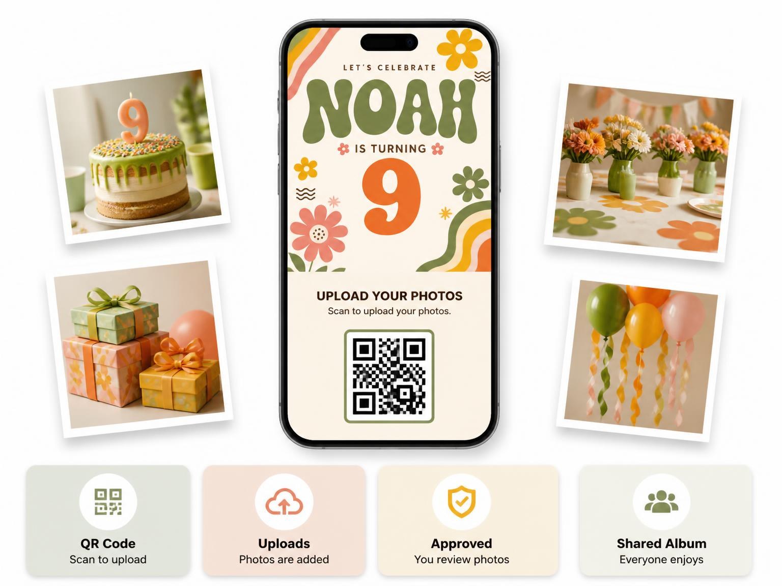 The shared photo gallery that comes with the Groovy Retro 9th Birthday Invitation invitation