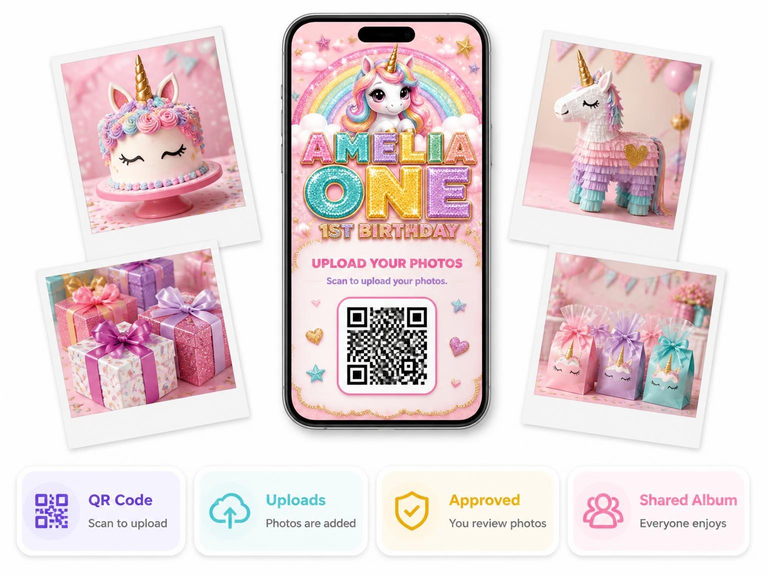 The shared photo gallery that comes with the Glitter Unicorn 1st Birthday Invitation invitation