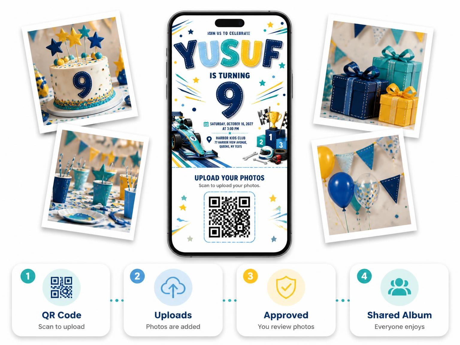 The shared photo gallery that comes with the Stitched Racing Podium 9th Birthday Invitation invitation