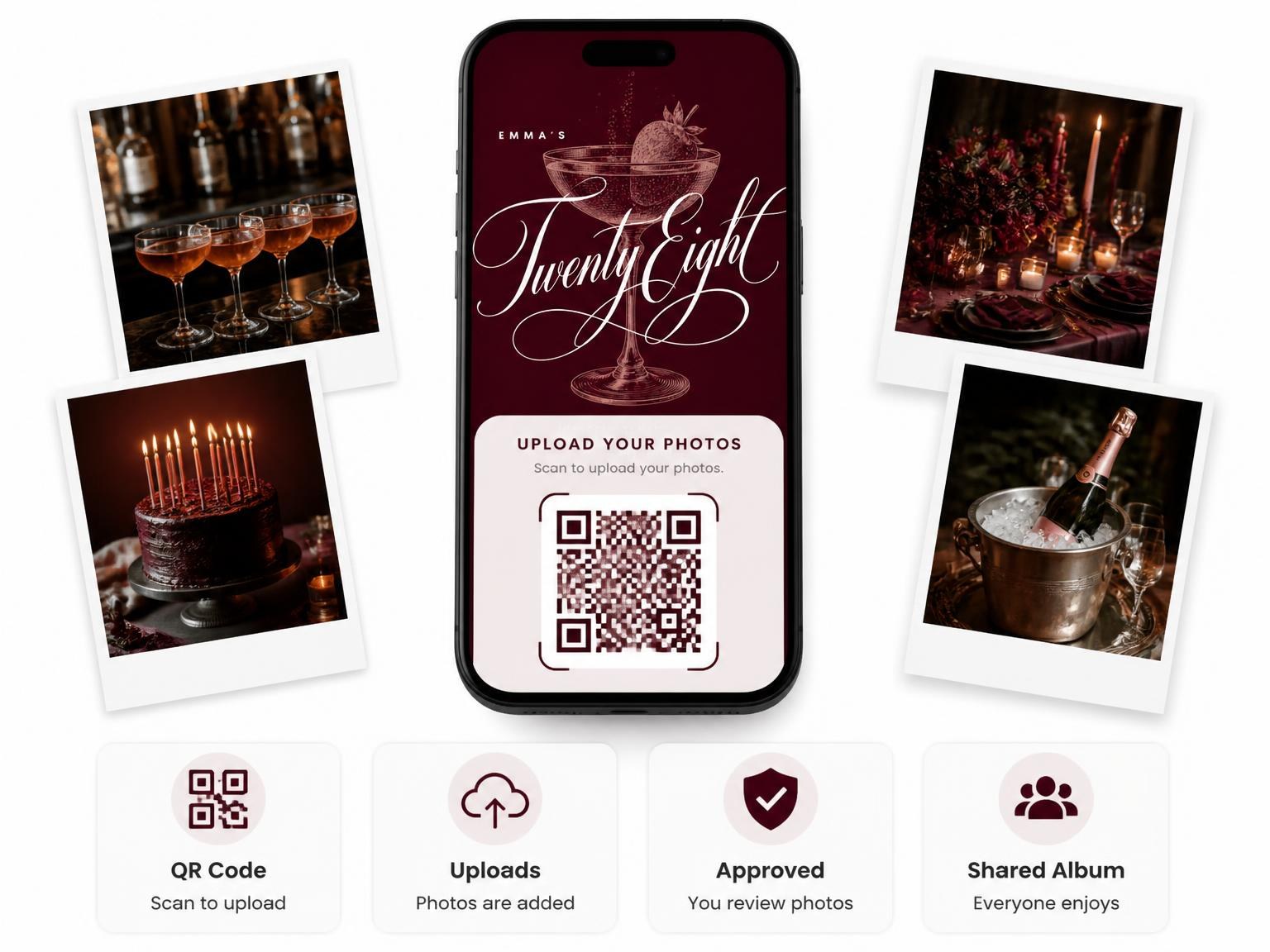 The shared photo gallery that comes with the Burgundy Cocktail 28th Birthday Invitation invitation