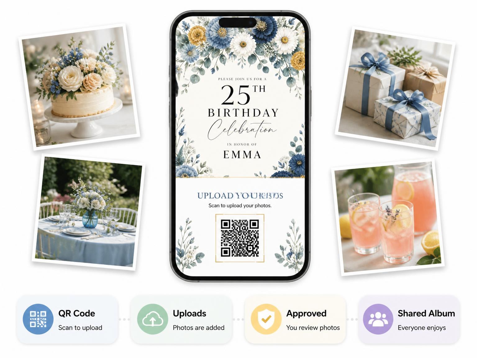 The shared photo gallery that comes with the Arch Garland Dusty Blue 25th Birthday Invitation invitation
