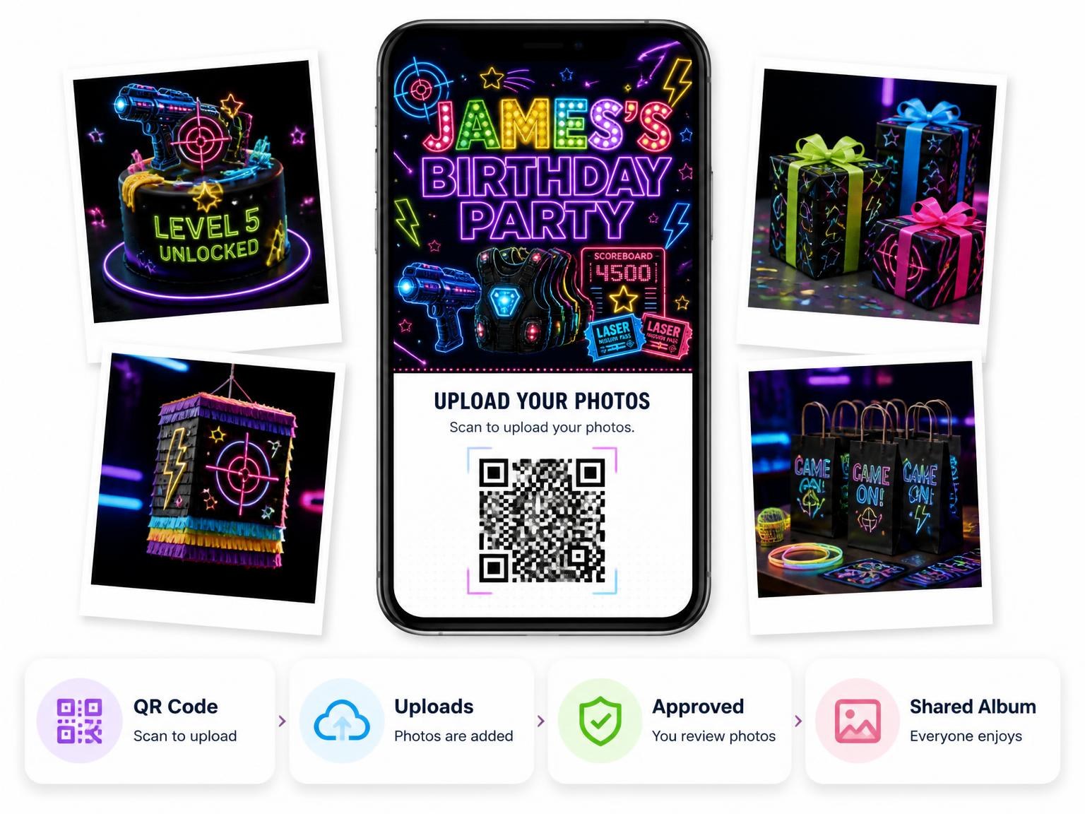 The shared photo gallery that comes with the Neon Laser Tag 5th Birthday Invitation invitation