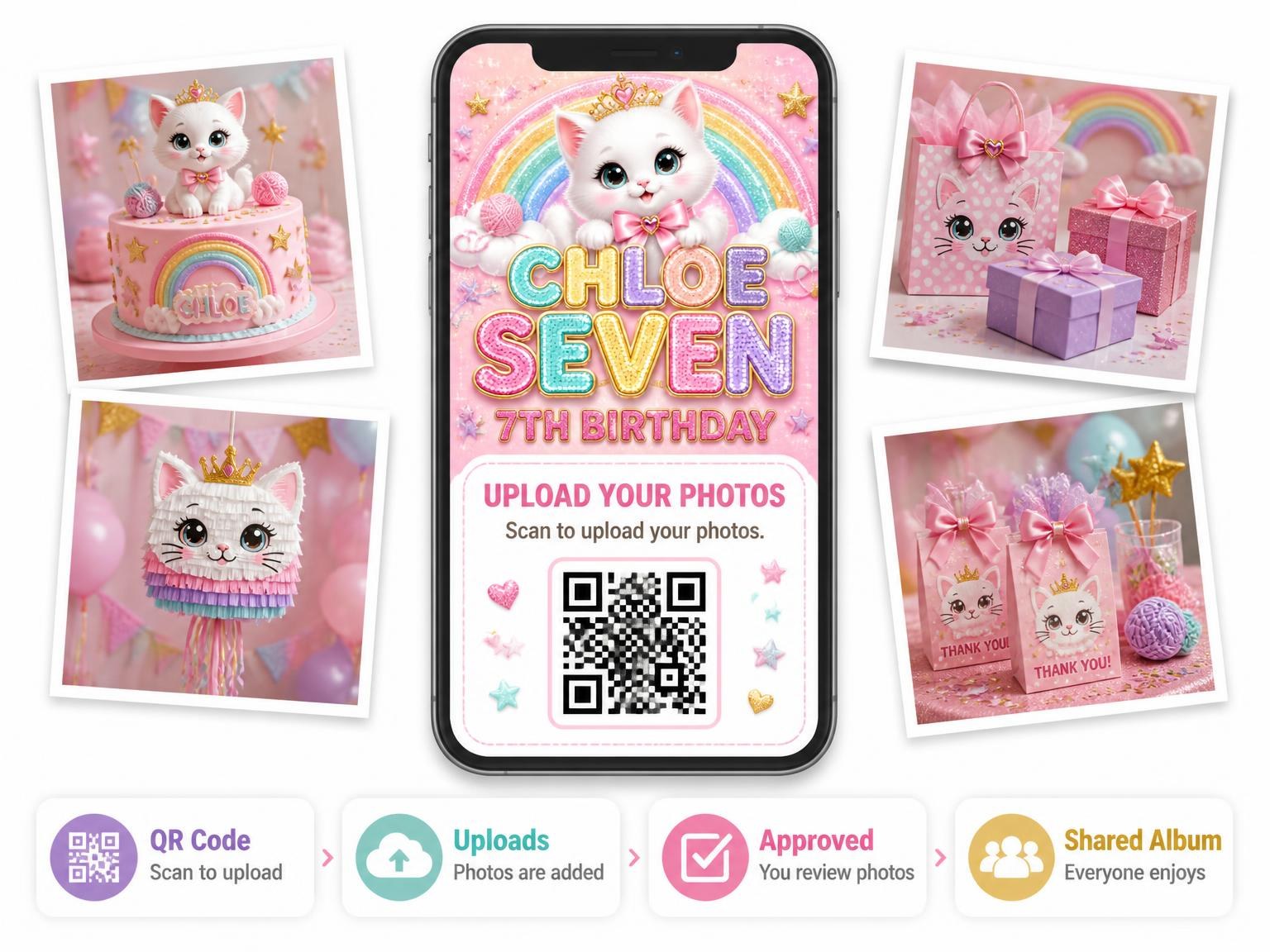 The shared photo gallery that comes with the Glitter Kitty Cat 7th Birthday Invitation invitation