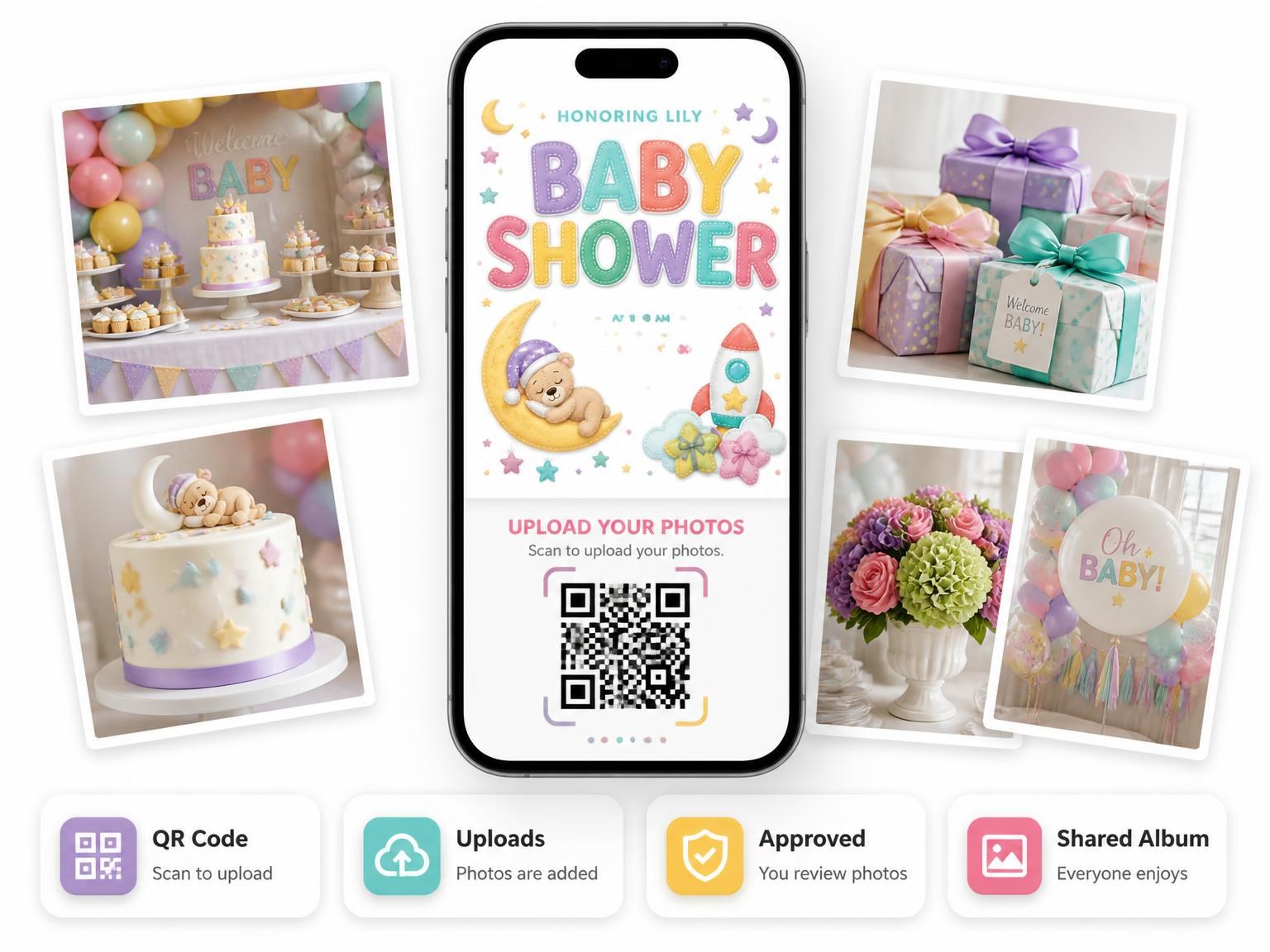 The shared photo gallery that comes with the Sleeping Teddy Baby Shower Invitation invitation