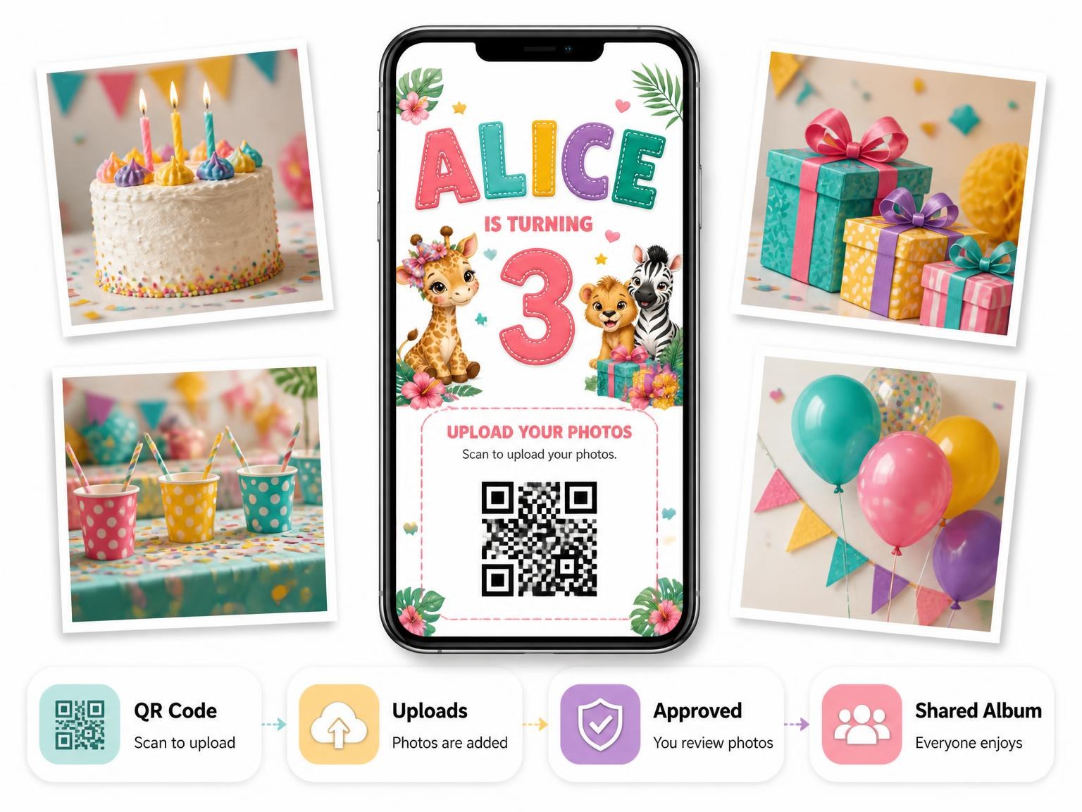 The shared photo gallery that comes with the Pink Safari 3rd Birthday Invitation invitation