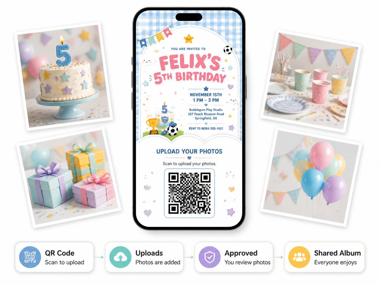 The shared photo gallery that comes with the Soccer Player Kawaii 5th Birthday Invitation invitation
