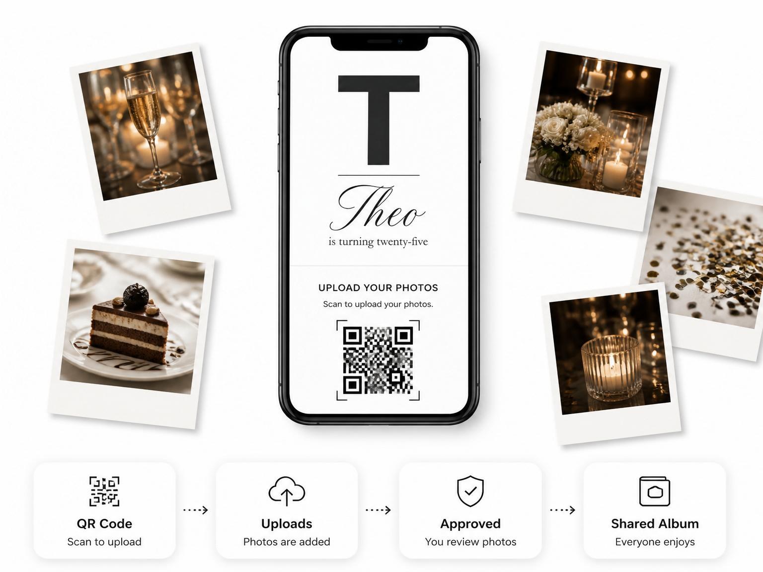 The shared photo gallery that comes with the Minimalist Monogram Typography 25th Birthday invitation