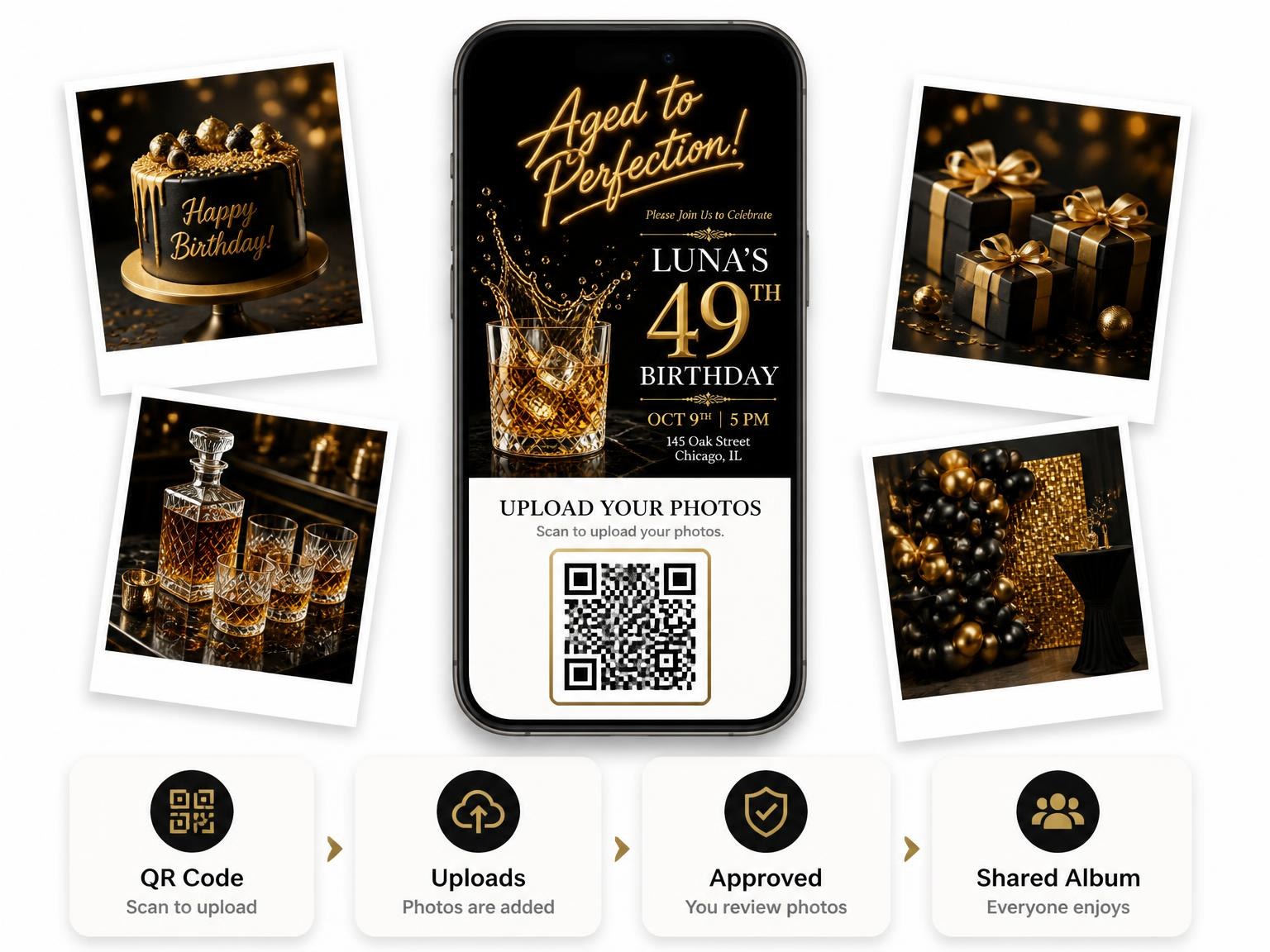 The shared photo gallery that comes with the Crystal Whiskey 49th Birthday Invitation invitation