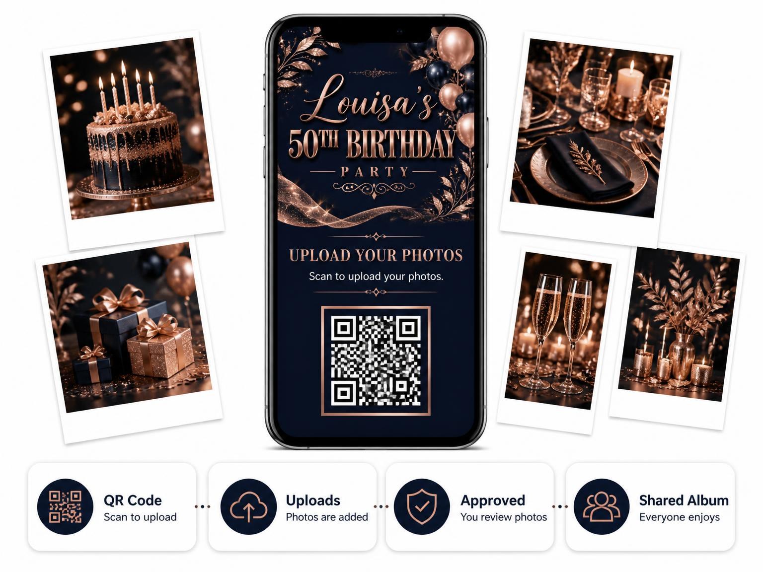 The shared photo gallery that comes with the Navy and Rose Gold 50th Birthday Invitation invitation