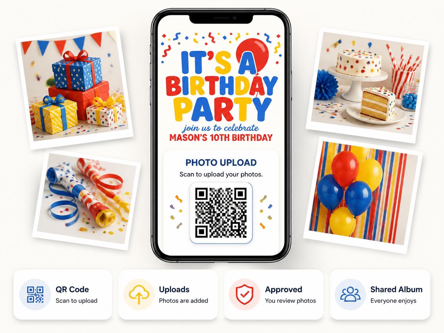 The shared photo gallery that comes with the Primary Color Balloon 10th Birthday Invitation invitation