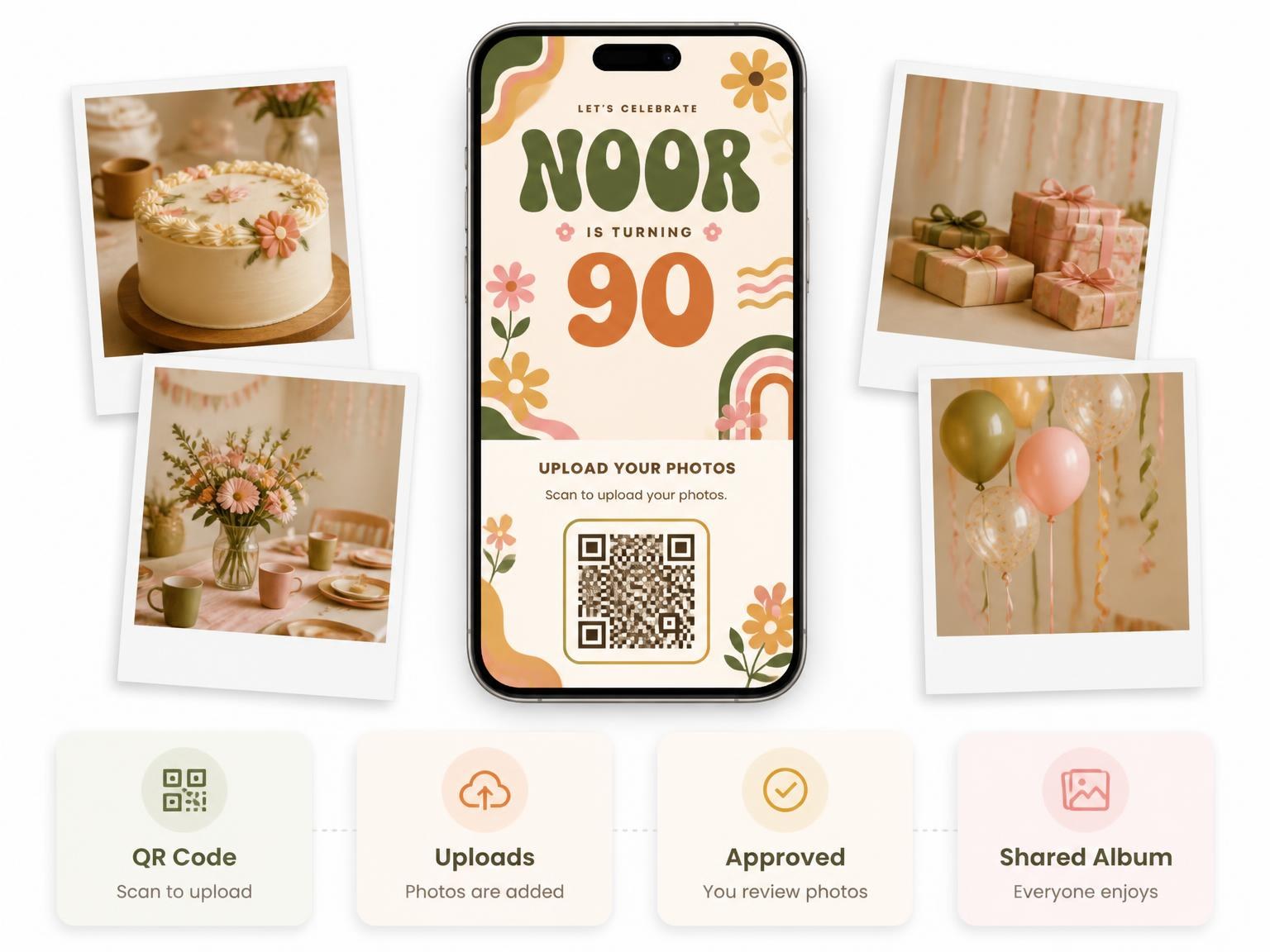 The shared photo gallery that comes with the Groovy Retro 90th Birthday Invitation invitation
