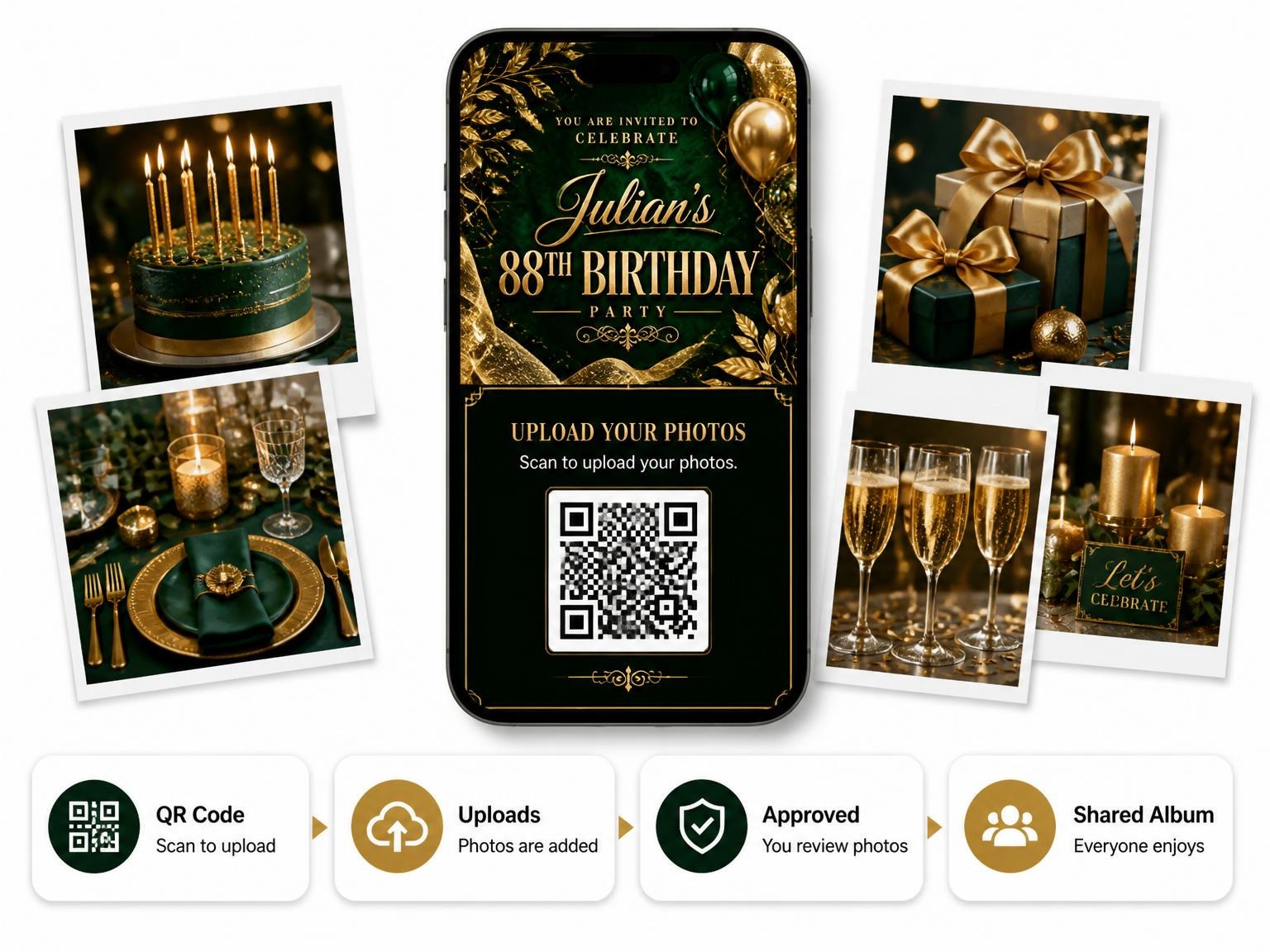 The shared photo gallery that comes with the Emerald and Champagne 88th Birthday Invitation invitation