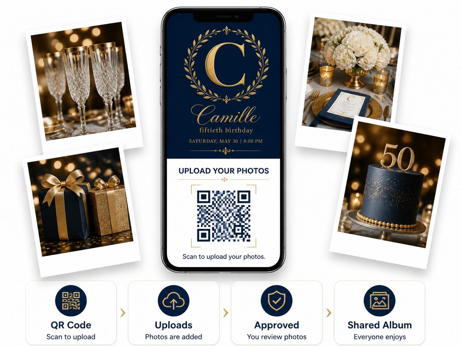 The shared photo gallery that comes with the Navy and Gold Laurel 50th Birthday invitation