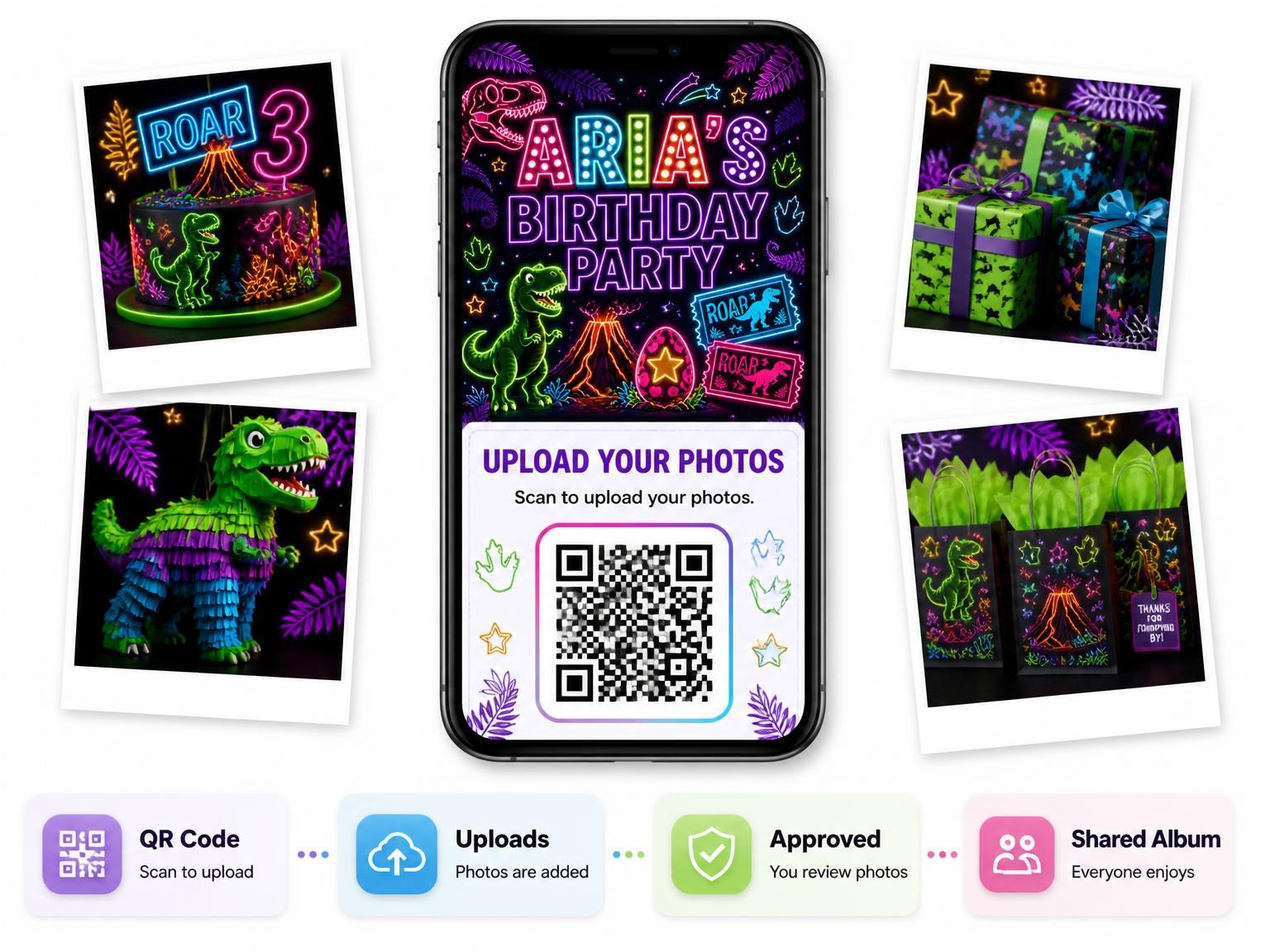 The shared photo gallery that comes with the Neon Dinosaur 3rd Birthday Invitation invitation