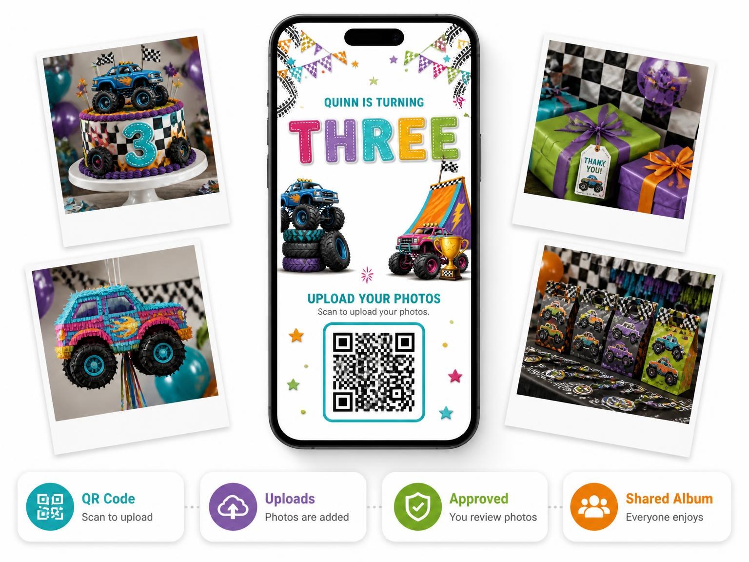 The shared photo gallery that comes with the Stitched Monster Truck 3rd Birthday Invitation invitation