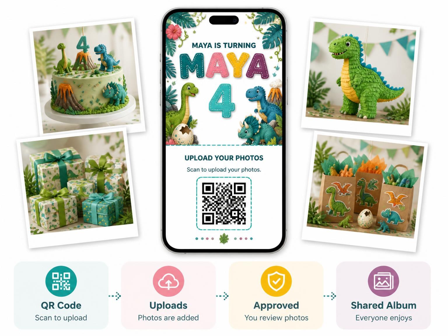 The shared photo gallery that comes with the Stitched Dinosaur 4th Birthday Invitation invitation