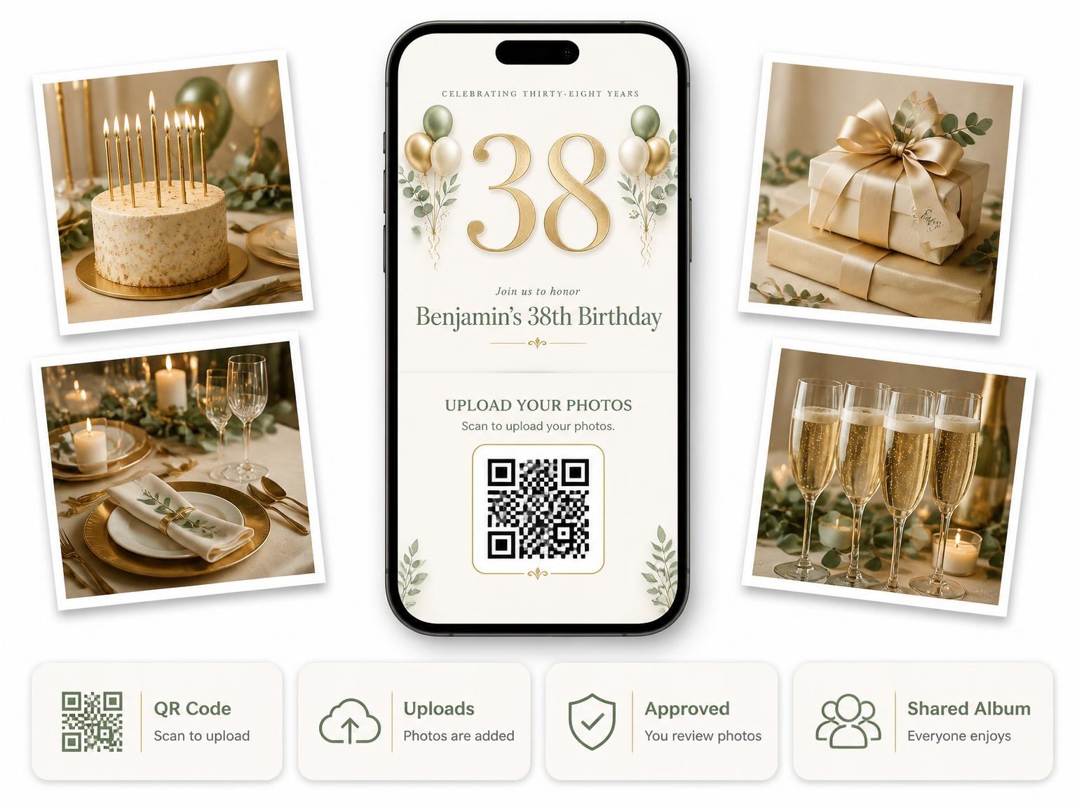 The shared photo gallery that comes with the Sage and Ivory 38th Birthday Invitation invitation