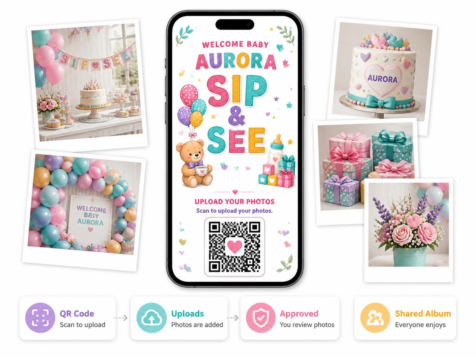 The shared photo gallery that comes with the Teddy Bear Sip & See Invitation invitation