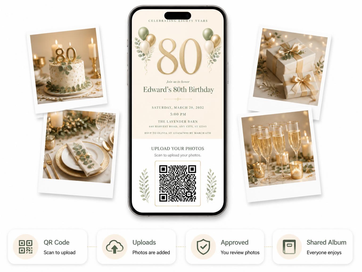 The shared photo gallery that comes with the Sage and Ivory 80th Birthday Invitation invitation