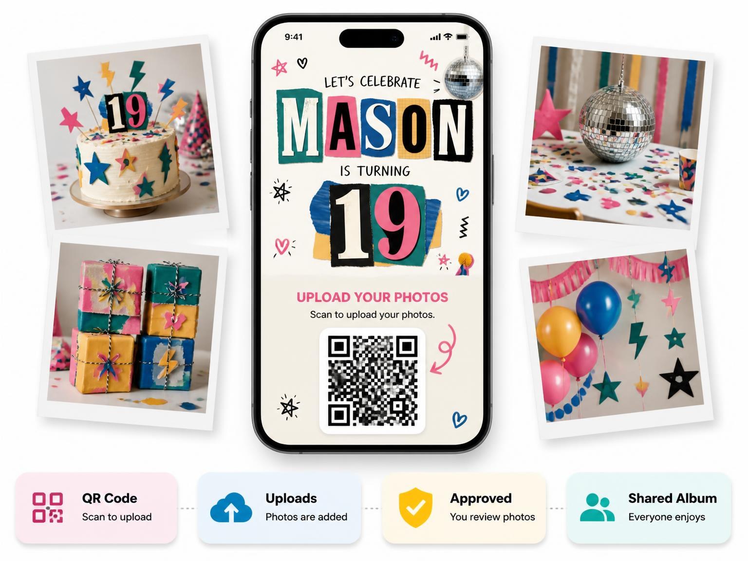 The shared photo gallery that comes with the Retro Paper Collage 19th Birthday Invitation invitation