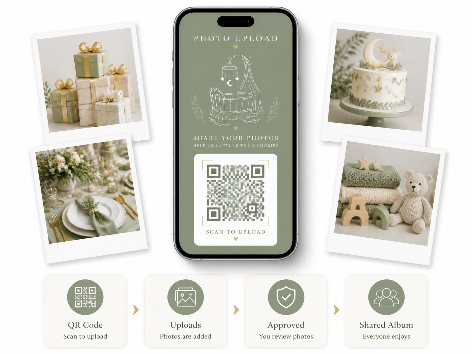 The shared photo gallery that comes with the Sage Green Cradle Baby Shower invitation