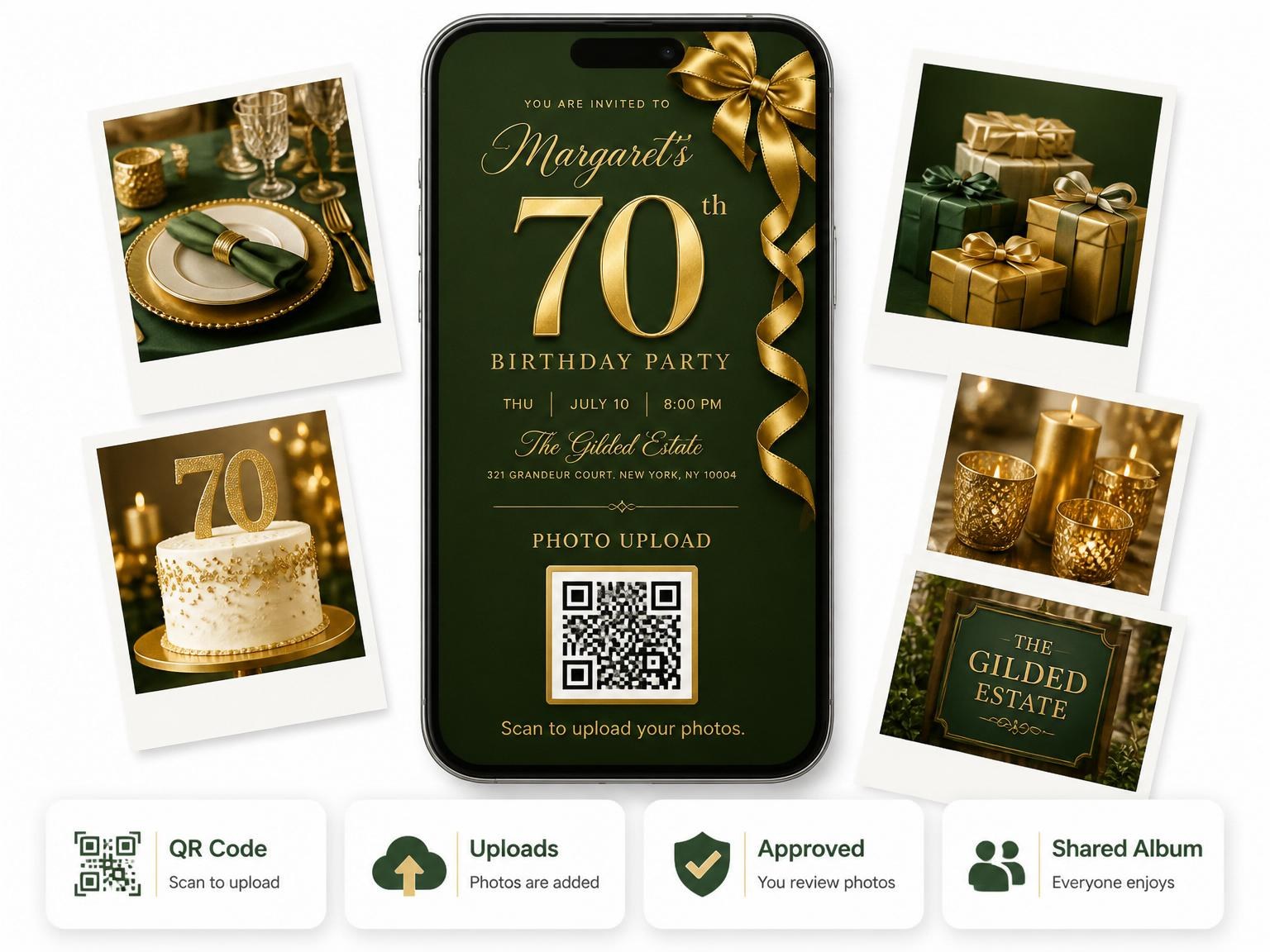 The shared photo gallery that comes with the Gold Ribbon Forest Green 70th Birthday invitation