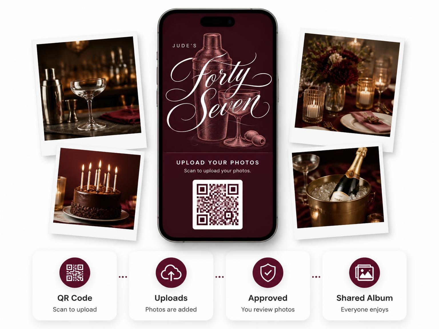 The shared photo gallery that comes with the Burgundy Cocktail 47th Birthday Invitation invitation