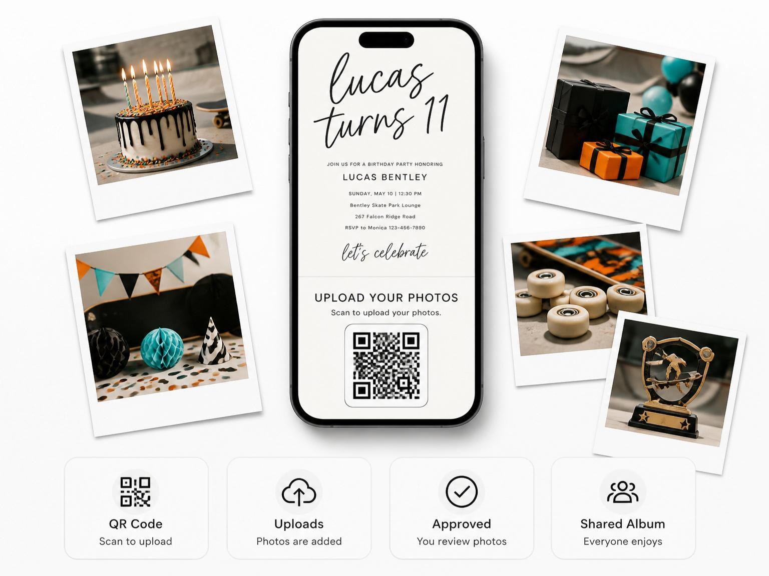 The shared photo gallery that comes with the Minimalist Typography 11th Birthday Invitation invitation