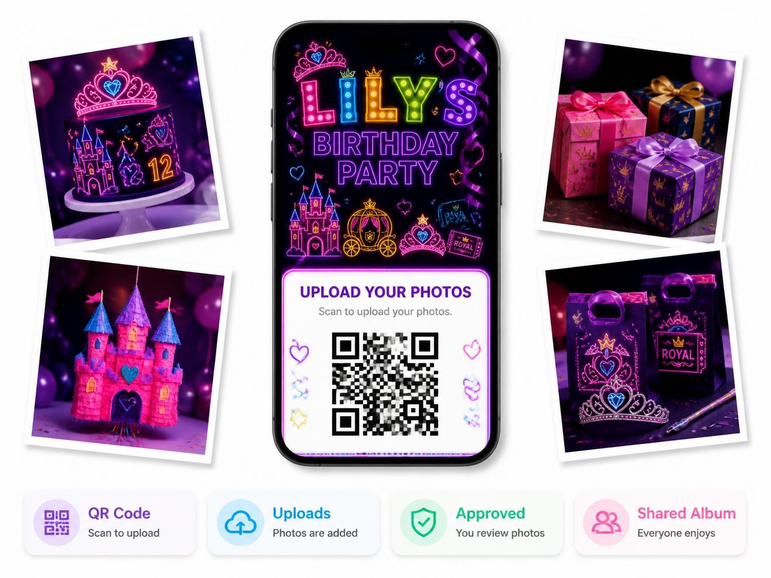 The shared photo gallery that comes with the Neon Princess 12th Birthday Invitation invitation