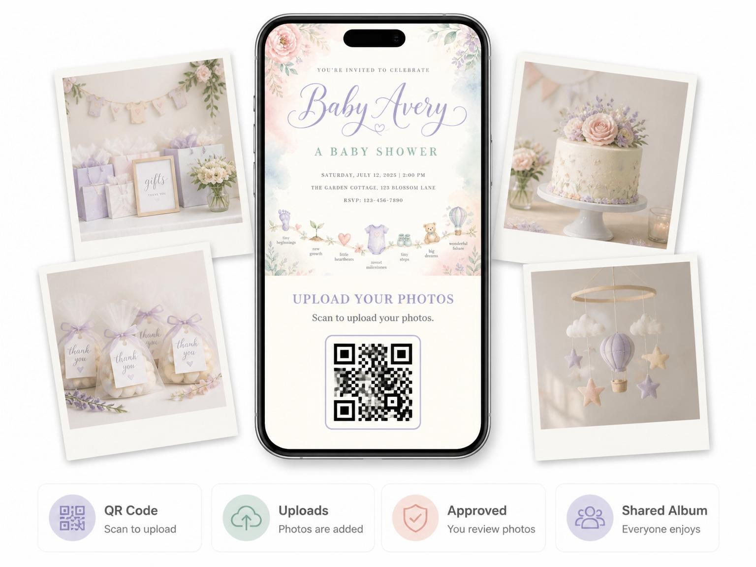 The shared photo gallery that comes with the Pastel Floral Watercolor Baby Shower invitation