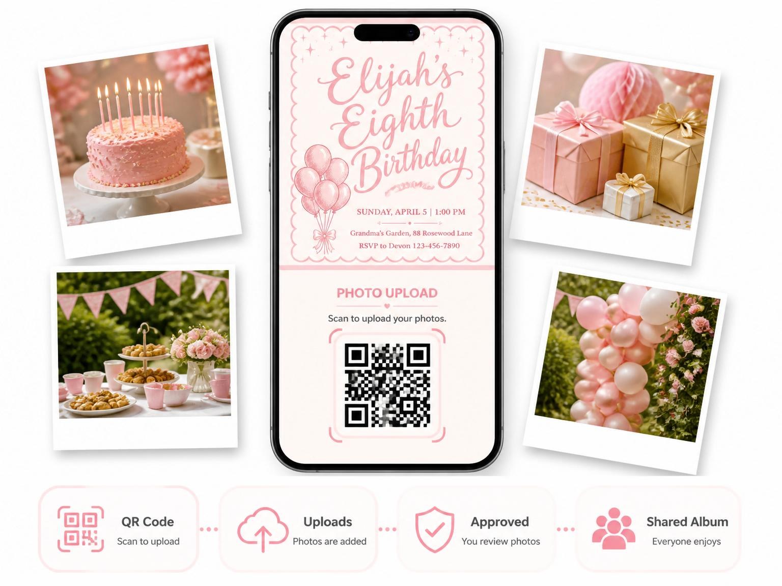 The shared photo gallery that comes with the Pink Balloon Scalloped 8th Birthday Invitation invitation