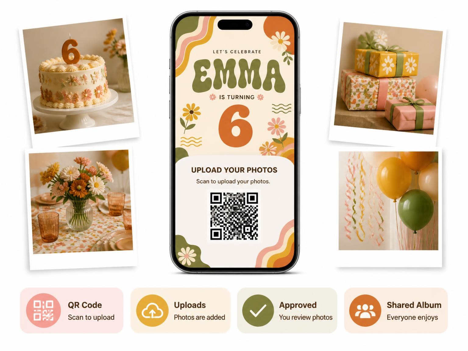 The shared photo gallery that comes with the Groovy Retro 6th Birthday Invitation invitation