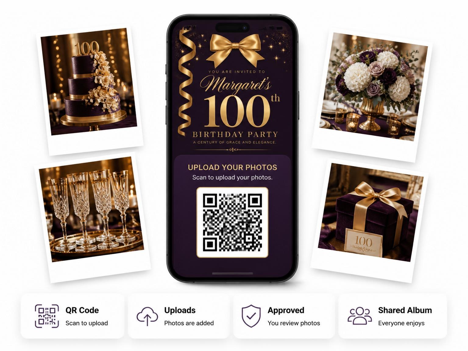 The shared photo gallery that comes with the Eggplant Purple Gold Ribbon 100th Birthday invitation
