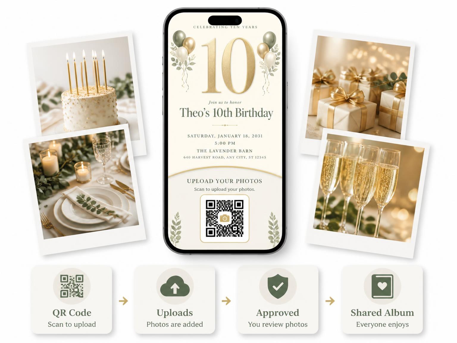 The shared photo gallery that comes with the Sage and Ivory 10th Birthday Invitation invitation