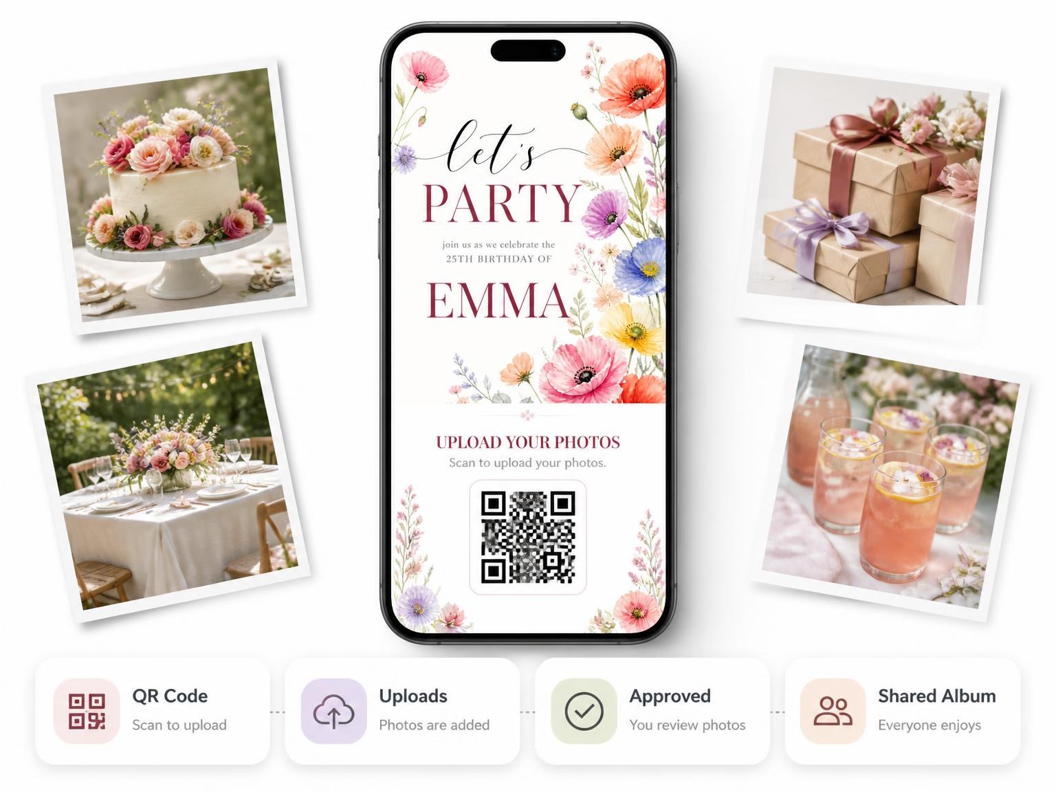 The shared photo gallery that comes with the Pastel Wildflower Garden 25th Birthday Invitation invitation