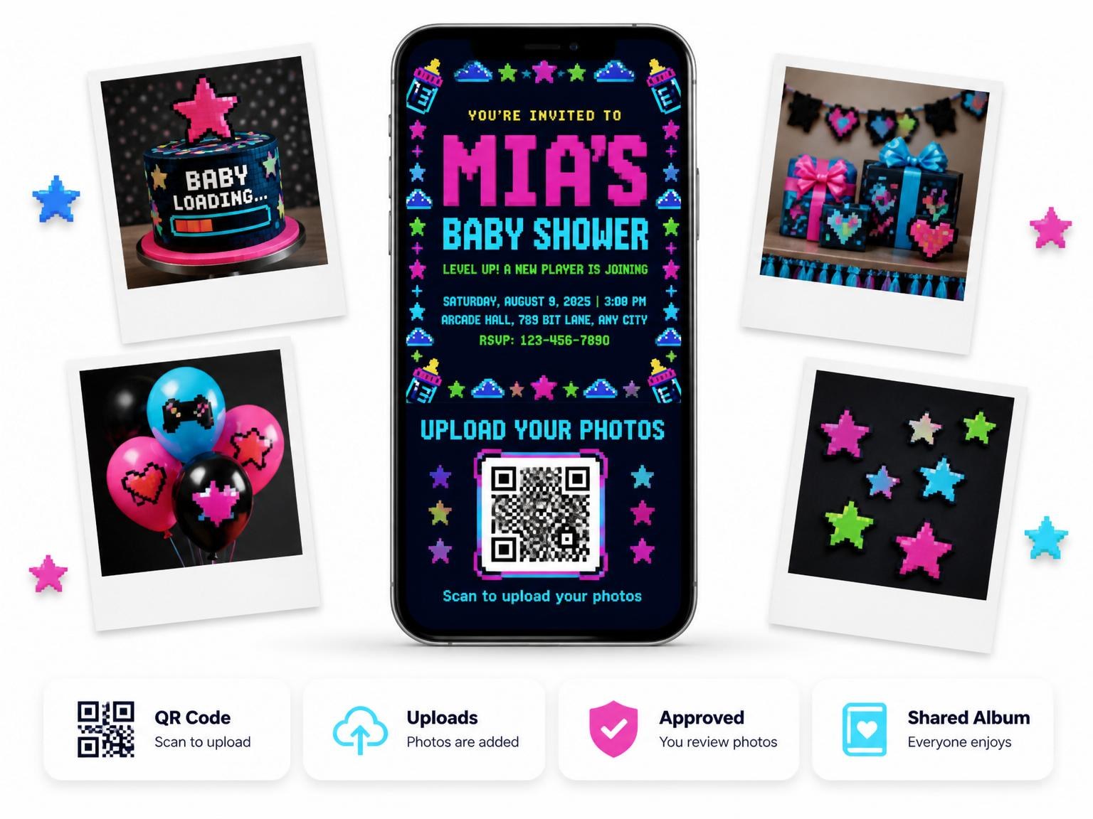 The shared photo gallery that comes with the Neon Pixel Arcade Baby Shower invitation