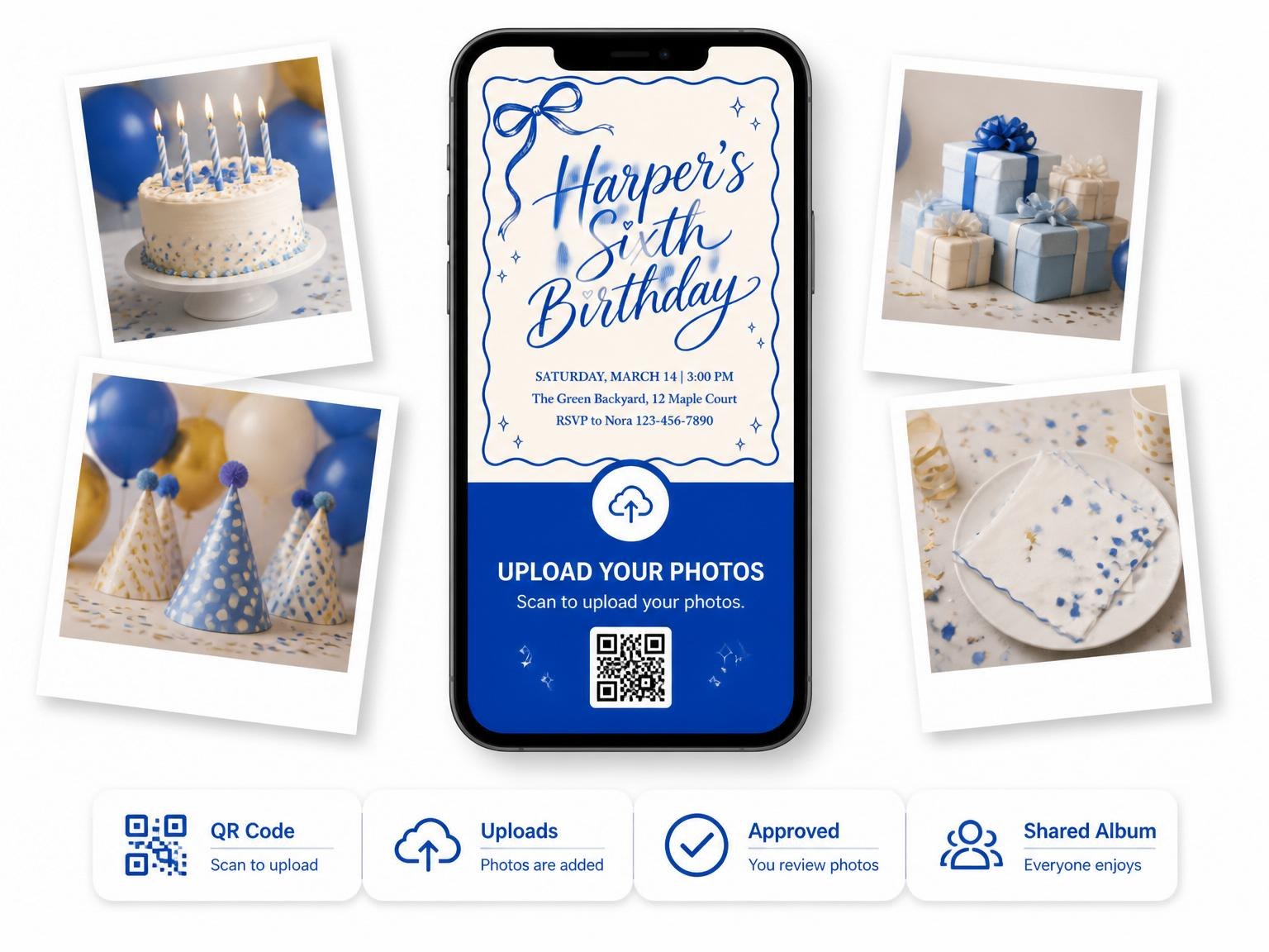 The shared photo gallery that comes with the Royal Blue Ribbon 6th Birthday Invitation invitation