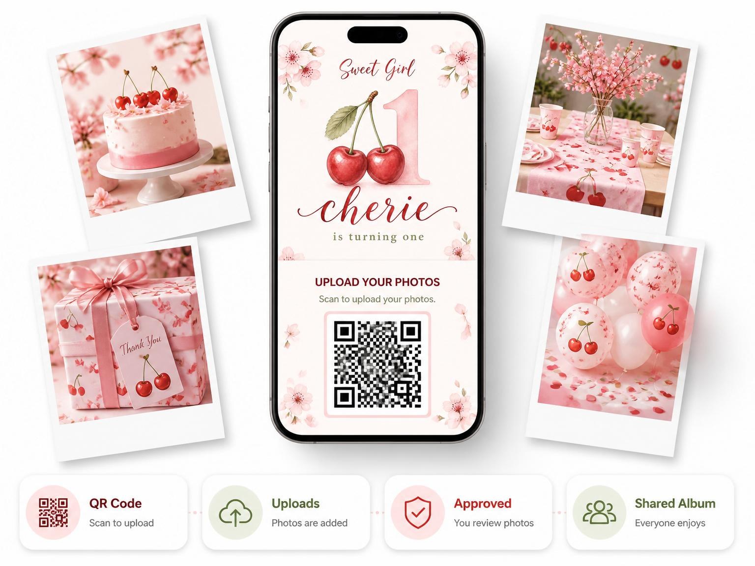 The shared photo gallery that comes with the Watercolor Cherry Blossom 1st Birthday invitation