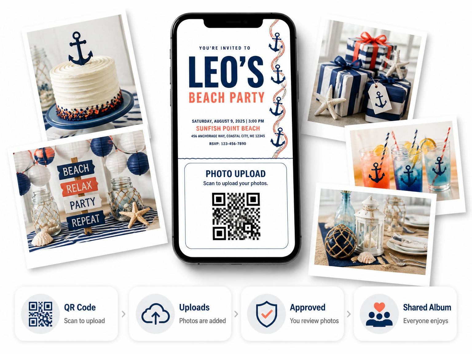 The shared photo gallery that comes with the Navy Anchor Rope Beach Birthday invitation