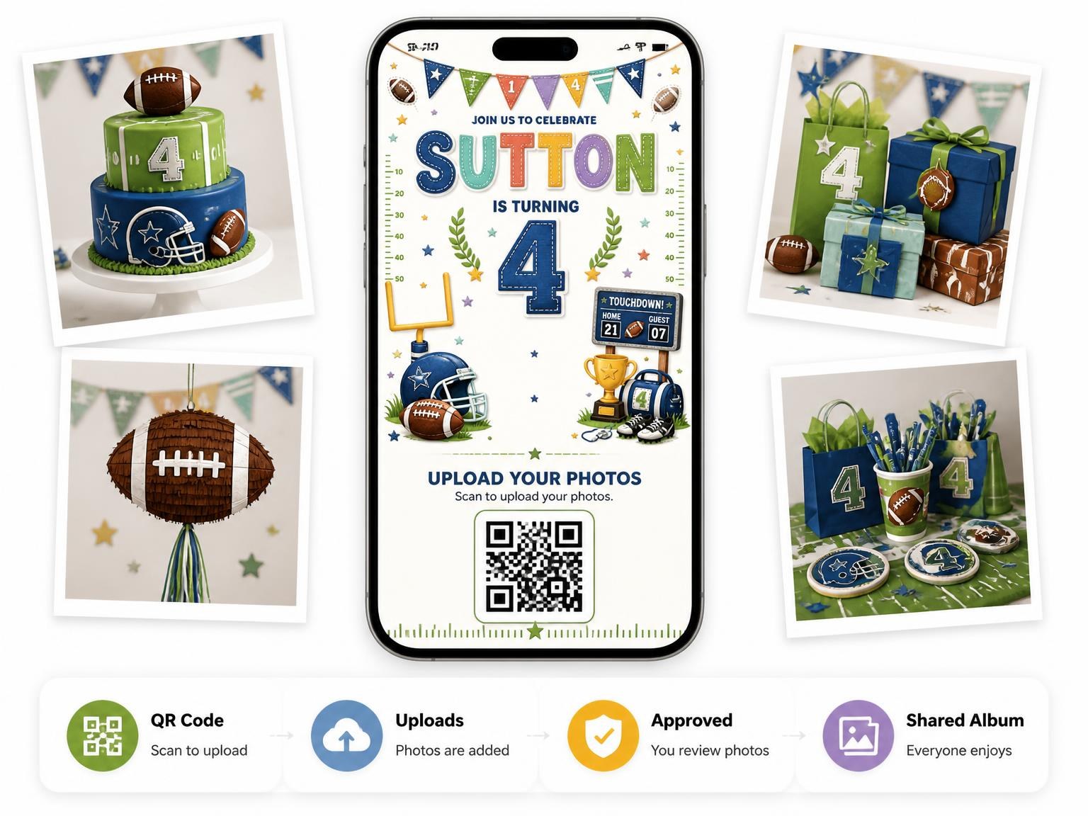 The shared photo gallery that comes with the Stitched Football 4th Birthday Invitation invitation