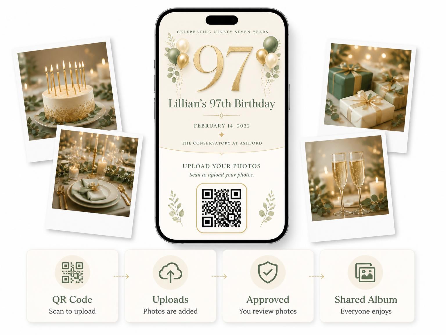 The shared photo gallery that comes with the Sage and Ivory 97th Birthday Invitation invitation