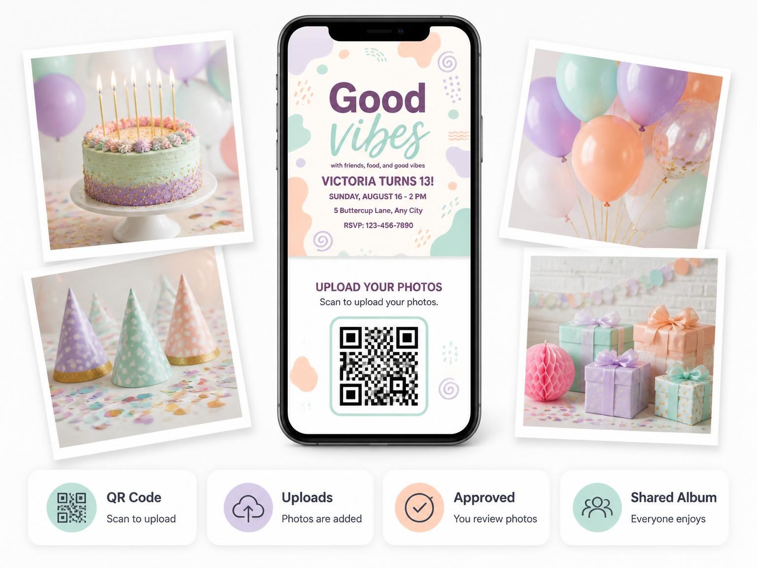 The shared photo gallery that comes with the Pastel Abstract Pattern 13th Birthday Invitation invitation
