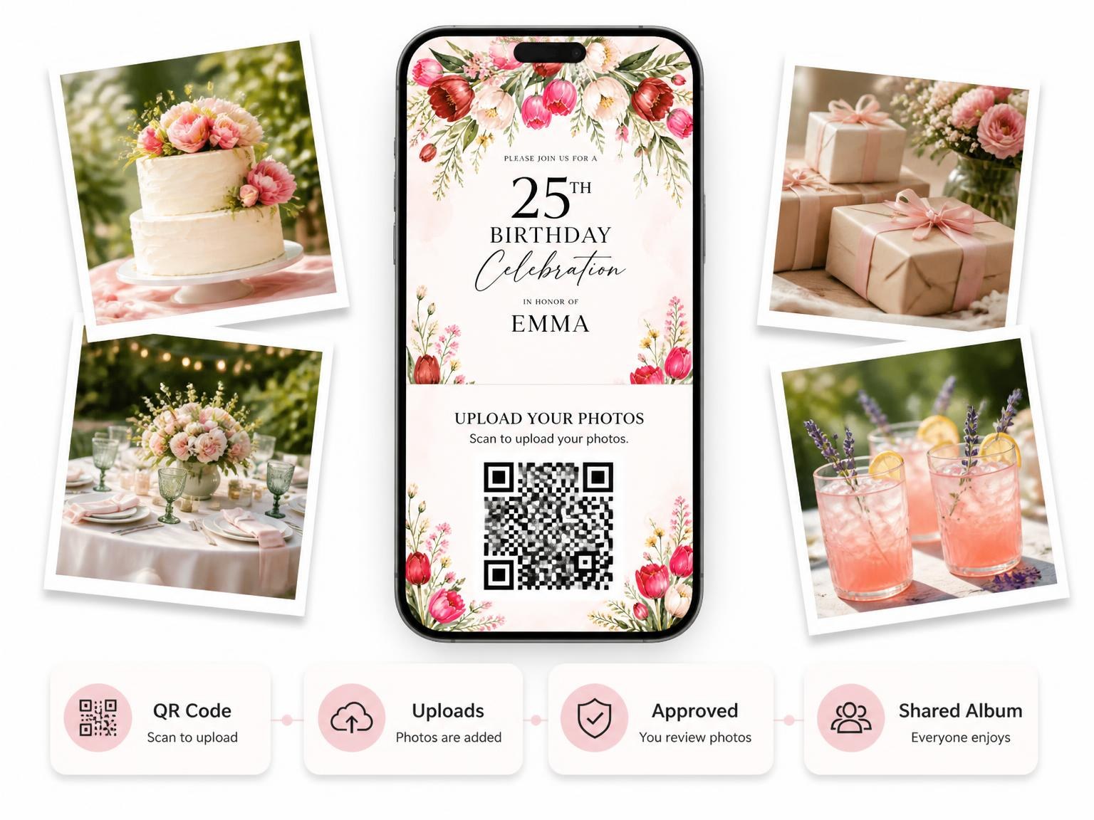 The shared photo gallery that comes with the Floral Garland Scarlet 25th Birthday Invitation invitation
