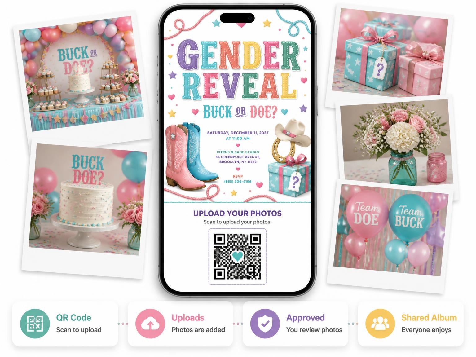 The shared photo gallery that comes with the Cowboy Boots Gender Reveal Invitation invitation