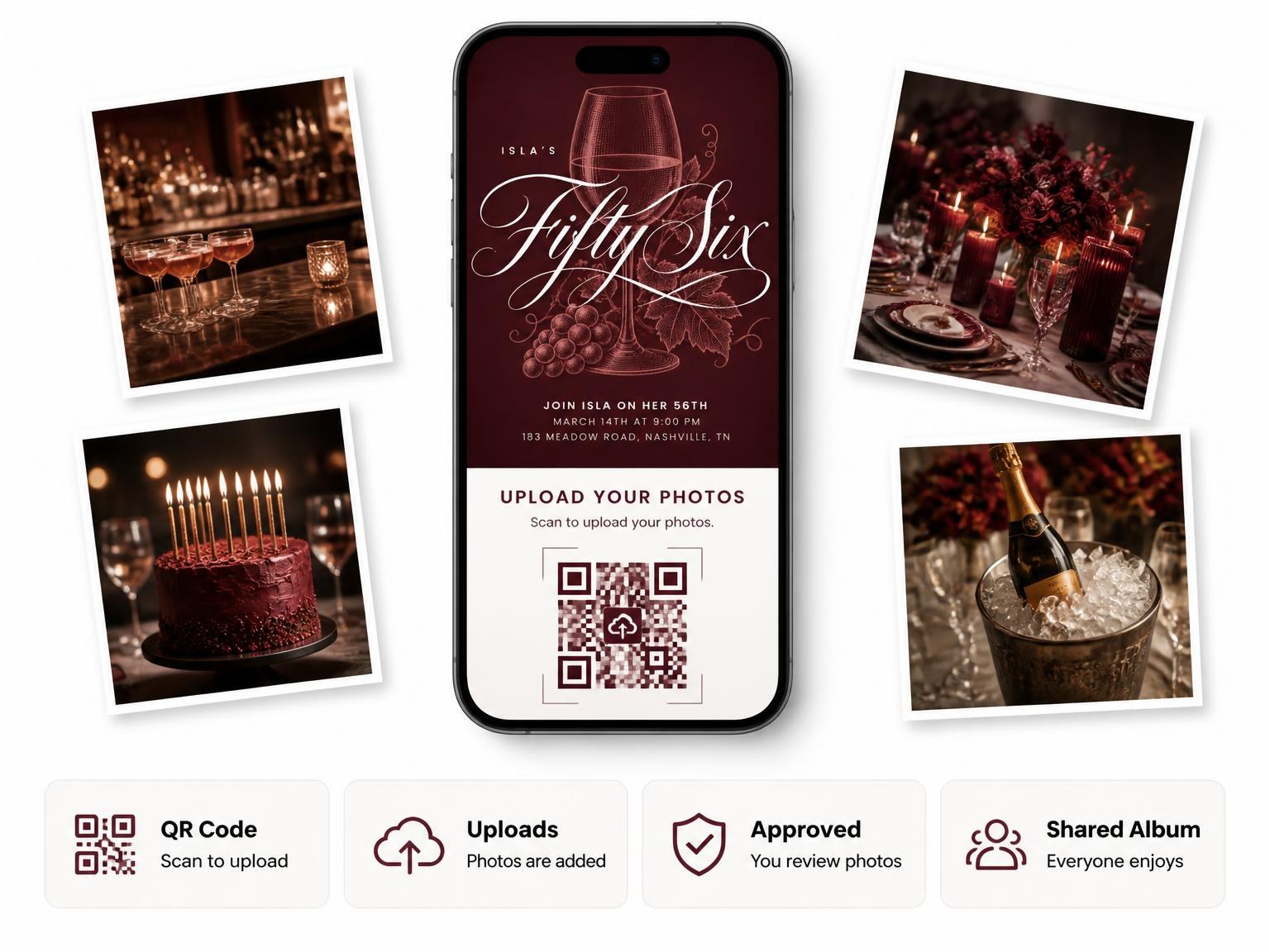 The shared photo gallery that comes with the Burgundy Cocktail 56th Birthday Invitation invitation
