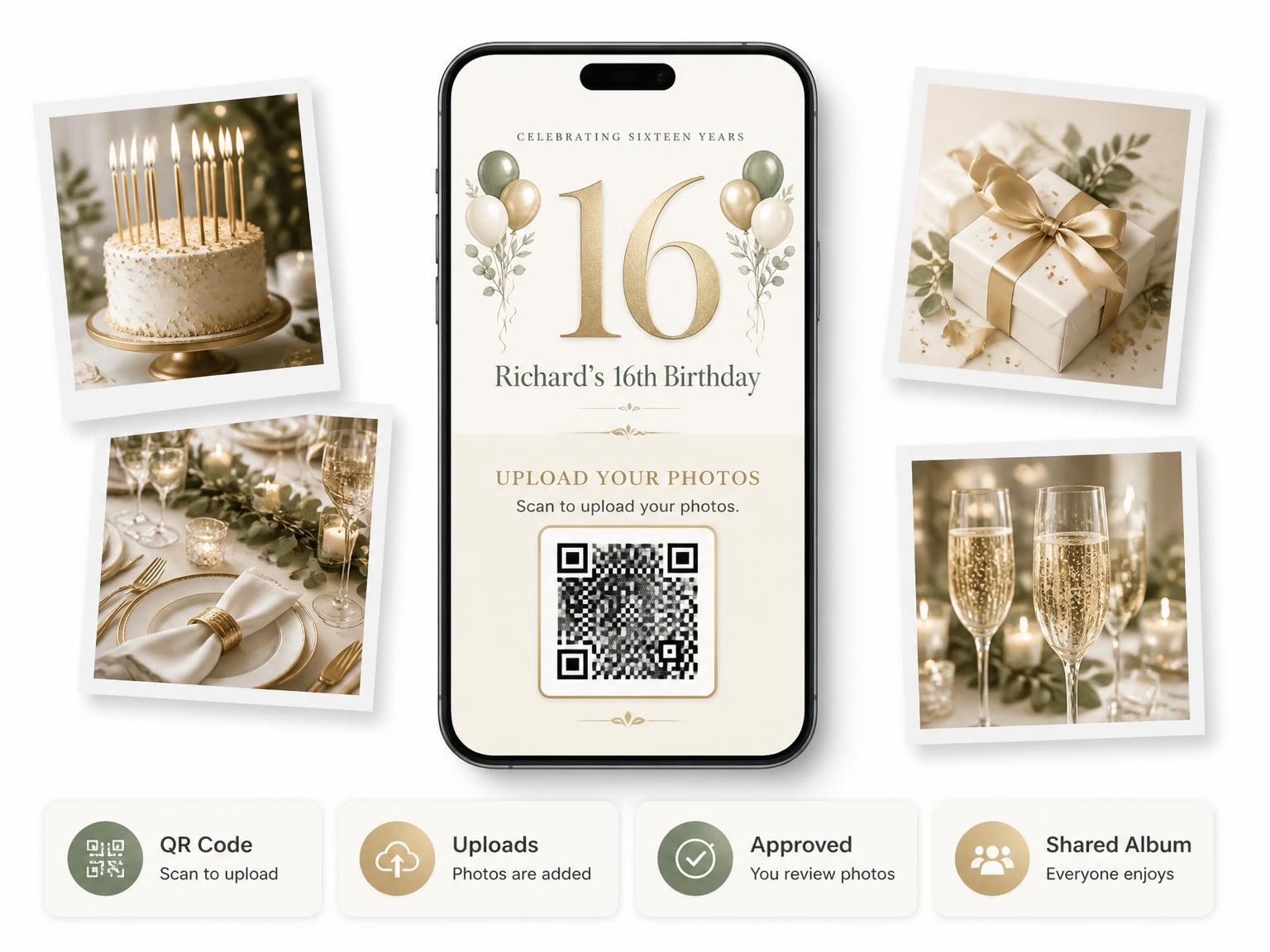 The shared photo gallery that comes with the Sage and Ivory 16th Birthday Invitation invitation
