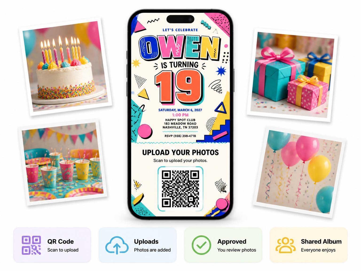 The shared photo gallery that comes with the Memphis Pop 19th Birthday Invitation invitation
