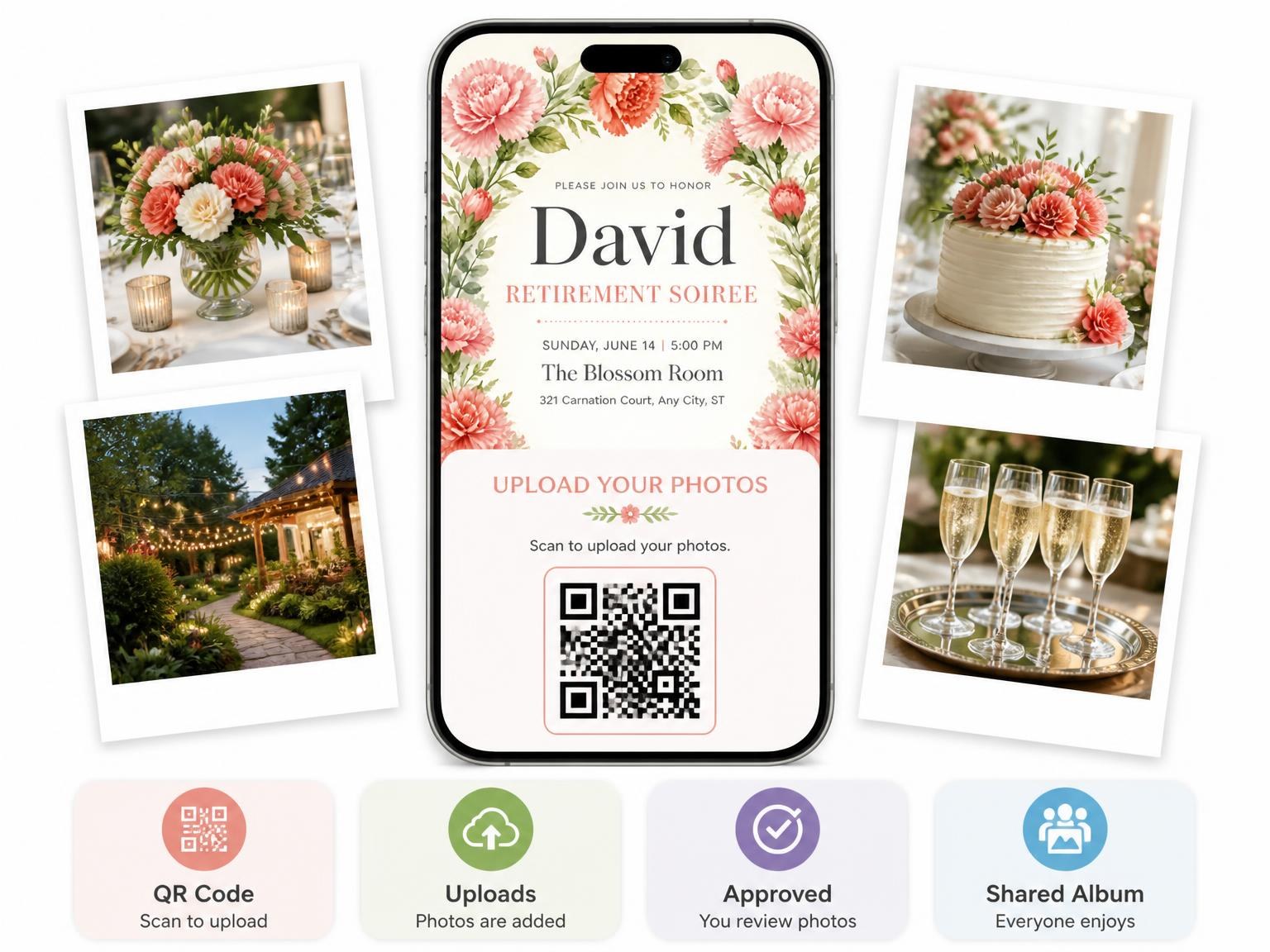 The shared photo gallery that comes with the Carnation Garland Retirement Soiree Invitation invitation