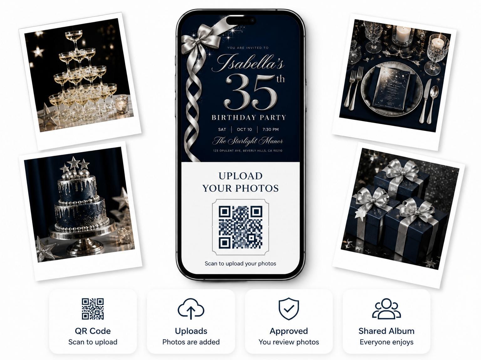 The shared photo gallery that comes with the Navy Silver Ribbon 35th Birthday invitation