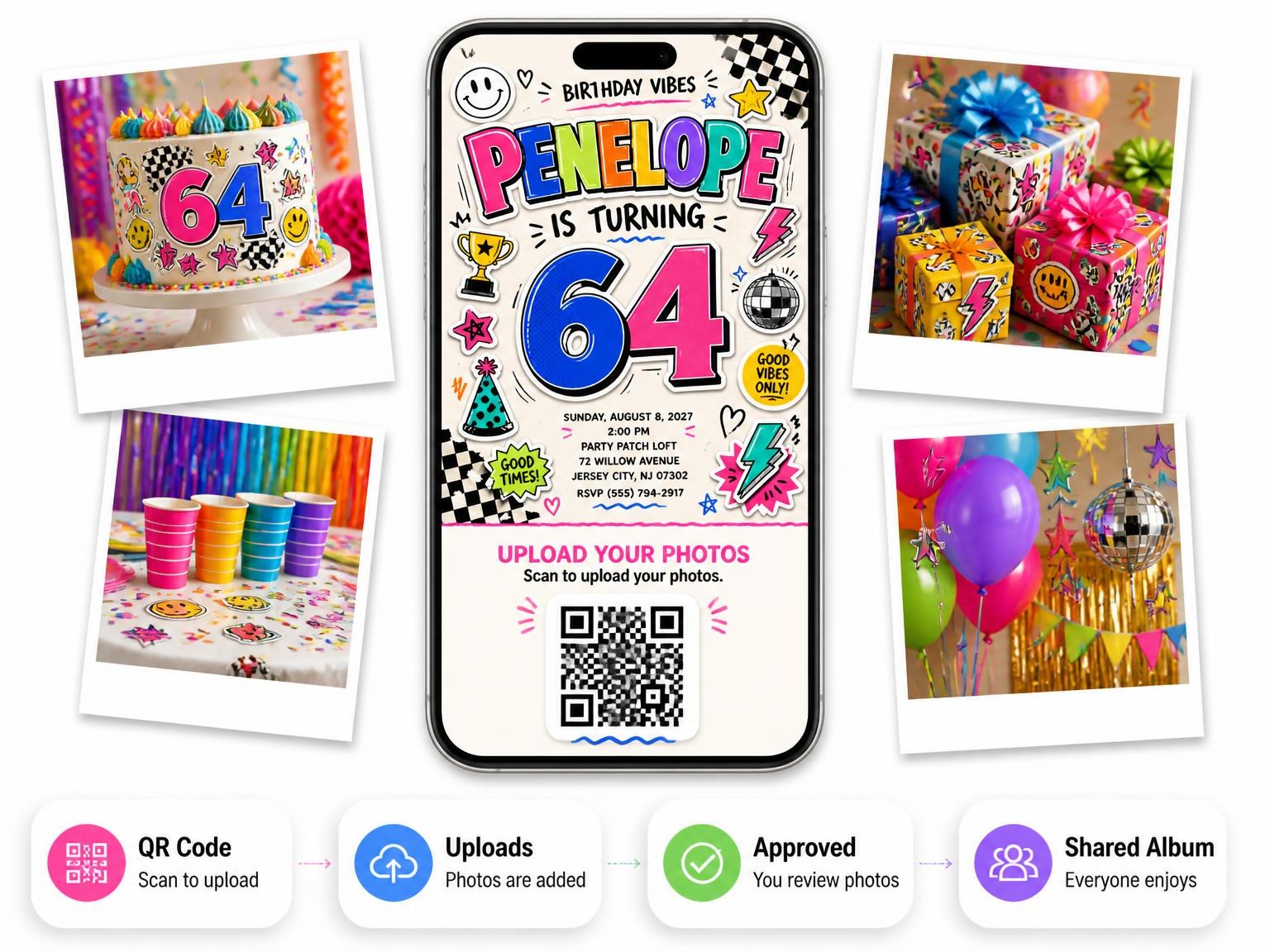 The shared photo gallery that comes with the Sticker Pop 64th Birthday Invitation invitation